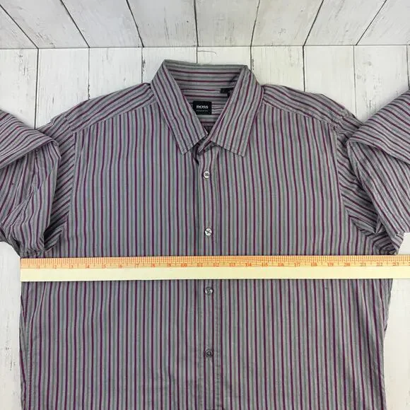 Hugo Boss Purple/Grey Striped Cotton Regular Fit Button Down Shirt Size Large - Picture 13 of 15